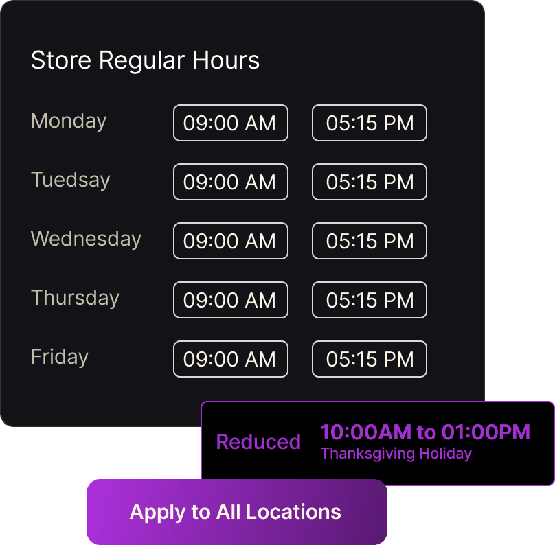 Store hours management interface showing weekly schedule configuration
